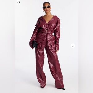 Sloane Hooded Cargo Leather Jumpsuit - Burgundy